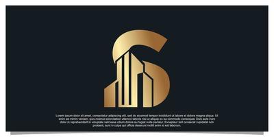 monogramma logo design iniziale lettera S per attività commerciale con edificio d'oro colore concetto premio vettore