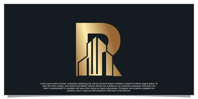 monogramma logo design iniziale lettera r per attività commerciale con edificio d'oro colore concetto premio vettore