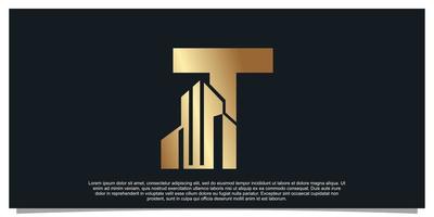 monogramma logo design iniziale lettera t per attività commerciale con edificio d'oro colore concetto premio vettore