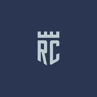 rc logo monogramma con fortezza castello e scudo stile design vettore