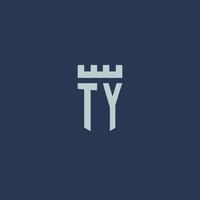 ty logo monogramma con fortezza castello e scudo stile design vettore