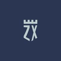 zx logo monogramma con fortezza castello e scudo stile design vettore