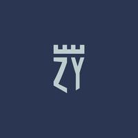 zy logo monogramma con fortezza castello e scudo stile design vettore