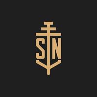 sn logo iniziale monogramma con pilastro icona disegno vettoriale