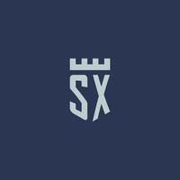 sx logo monogramma con fortezza castello e scudo stile design vettore