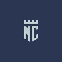 mc logo monogramma con fortezza castello e scudo stile design vettore