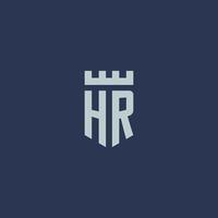 hr logo monogramma con fortezza castello e scudo stile design vettore