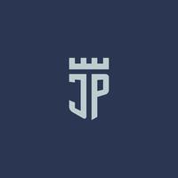 jp logo monogramma con fortezza castello e scudo stile design vettore