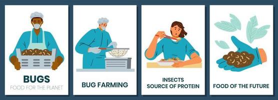 insetto agricoltura impostato di vettore carte. persone mangiare, Tenere e raccolta insetti. alternativa cibo concetto.