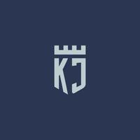 kj logo monogramma con fortezza castello e scudo stile design vettore