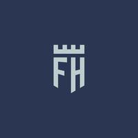 fh logo monogramma con fortezza castello e scudo stile design vettore