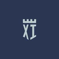 xi logo monogramma con fortezza castello e scudo stile design vettore
