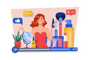 carino donna vlogger fabbricazione video, cosmetici revisione per bellezza blog illustrazione concetto su bianca sfondo vettore