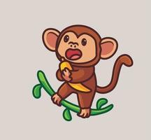 carino scimmia mangiare Banana su rami albero. isolato cartone animato animale natura illustrazione. piatto stile adatto per etichetta icona design premio logo vettore. portafortuna personaggio vettore