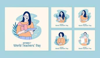 illustrazioni di bellissimo femmina insegnante per mondo insegnanti' giorno sociale media messaggi collezione vettore