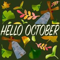 Ciao ottobre. autunno illustrazione. autunno le foglie kit con mulino vettore