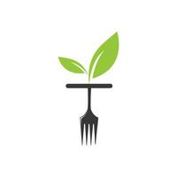 salutare cibo logo modello. biologico cibo logo con forchetta e foglia simbolo. vettore
