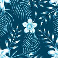 autunno senza soluzione di continuità tropicale modello con blu monocromatico palma le foglie e ibisco, frangipani fiore pianta fogliame su leggero sfondo. esotico giungla sfondo. estate design. floreale sfondo. autunno vettore