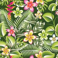 botanico astratto illustrazione senza soluzione di continuità modello con colorato tropicale le foglie e fiore impianti fogliame su buio verde sfondo. giungla Stampa. floreale sfondo. stampa e tessile. esotico tropico vettore