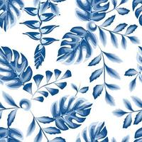 fogliame senza soluzione di continuità tropicale modello con blu monocromatico stile pianta le foglie e heliconia fiore su bianca sfondo. bellissimo esotico pianta. di moda estate Hawaii Stampa. giungla sfondo. primavera. vettore