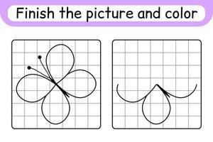 completare il immagine la farfalla. copia il immagine e colore. finire il Immagine. colorazione libro. educativo disegno esercizio gioco per bambini vettore