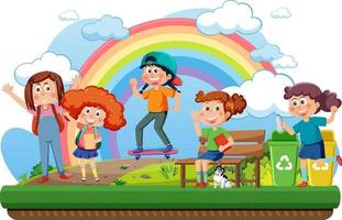 contento bambini con arcobaleno nel il cielo vettore