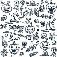 Halloween, fantasma, gatto, gufo, cranio, grave, cappello, Magia scopa, bottiglia illustrazioni utilizzando un' mano disegno stile ha continuato con digitale colorazione vettore