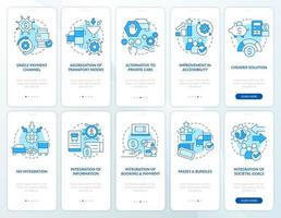 servizi di mobilità blu onboarding set di schermate per app mobili. procedura dettagliata di trasporto 5 passaggi istruzioni grafiche modificabili con concetti lineari. ui, ux, modello gui. vettore