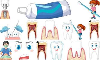 impostato di dentale attrezzature e cartone animato personaggi vettore