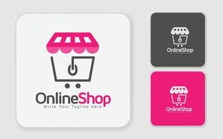 in linea negozio logo design. illustrazione vettore grafico di shopping carrello e negozio Borsa combinazione logo design concetto. Perfetto per commercio elettronico, saldi, sconto o memorizzare ragnatela elemento. e-commerce piattaforma logo.