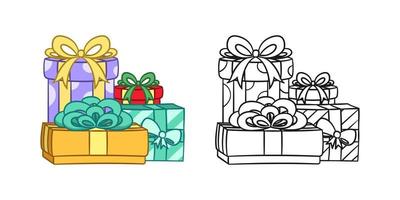 regalo scatole con arco cartone animato. colorato e schema impostare. Natale o compleanno presente illustrazione. colorazione libro pagina attività foglio di lavoro per bambini. vettore