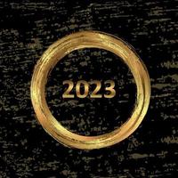 contento nuovo anno 2023 saluto carta manifesto. nero sfondo. coriandoli. cerchio telaio. vettore