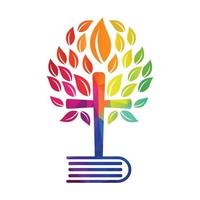 Bibbia attraversare albero logo design. cristiano Chiesa albero attraversare vettore modello design.