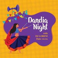 illustrazione di donna giocando dandiya nel discoteca garba notte bandiera manifesto per Navratri Dussehra Festival di India vettore