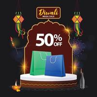 Diwali mega vendita sconto concetto con shopping borse su Prodotto podio con Diwali elementi vettore