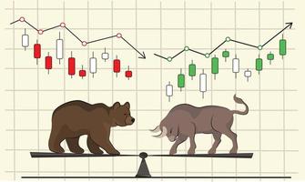 Toro e orso combattimento su il bilancia su il grafico di criptovalute, equilibrio, giapponese candele e fluttuazioni, crescente e caduta prezzi, azione mercato. uptrend e tendenza al ribasso. finanziario bandiera vettore