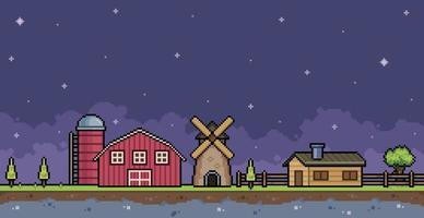 pixel arte azienda agricola paesaggio a notte con Casa, fienile, silo e mulino 8 bit gioco sfondo vettore