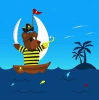 divertente pirata orso su il suo barca andare in barca il mare raggiungendo il terra per avventura con alcuni colorato salto pesce
