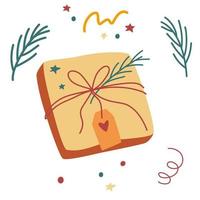 regalo scatola. contento nuovo anno e allegro Natale. regalo scatola con nastro. vacanza striscione, ragnatela manifesto, volantino, elegante opuscolo, saluto carta, coperchio. mano disegnare vettore illustrazione isolato