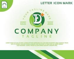 creativo lettera d e Salute cura verde foglia logo design modello vettore