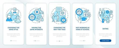 influenza dei pari sul comportamento degli adolescenti blu onboarding schermo dell'app mobile. procedura dettagliata 5 passaggi istruzioni grafiche modificabili con concetti lineari. ui, ux, modello gui. vettore