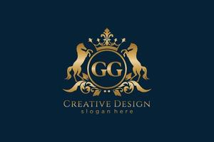 iniziale gg retrò d'oro cresta con cerchio e Due cavalli, distintivo modello con pergamene e reale corona - Perfetto per lussuoso il branding progetti vettore