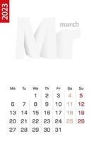 minimalista calendario modello per marzo 2023, vettore calendario nel inglese.