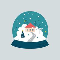 carino nevoso globo con un' inverno foresta paesaggio, un' Casa e un' strada vettore