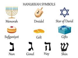 hanukkah simboli. collezione di colorato hanukkah cartone animato simboli con menorah, dreidel, gel, stella di davide, regalo, sufganiyot e lettere di il ebraico alfabeto vettore