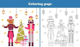 Natale colorazione pagina con carino schiaccianoci personaggio e topo re combattente nel cartone animato stile, stampabile foglio di lavoro vettore