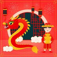 Cinese nuovo anno saluto carta con Drago e carino poco ragazzo nel tradizionale costume Tenere lingotti e lanterne vettore