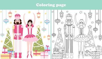 Natale colorazione pagina con carino schiaccianoci personaggio e ballerina nel cartone animato stile, stampabile foglio di lavoro per bambini vettore