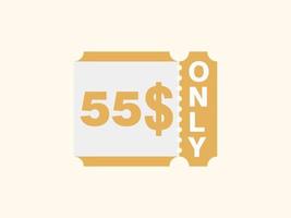 55 dollaro solo buono cartello o etichetta o sconto voucher; tagliando i soldi Salvataggio etichetta, con buono vettore illustrazione estate offrire finisce fine settimana vacanza