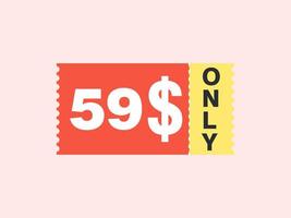 59 dollaro solo buono cartello o etichetta o sconto voucher; tagliando i soldi Salvataggio etichetta, con buono vettore illustrazione estate offrire finisce fine settimana vacanza